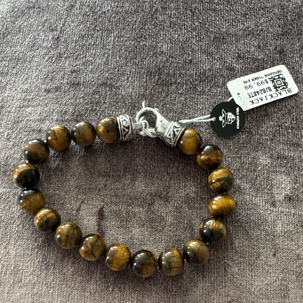 NWT Blackjack Men's Genuine 10mm Tiger Eye & Stainless Steel Beaded Bracelet
